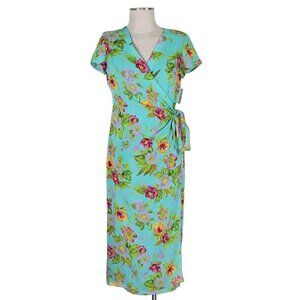 Vintage David Warren Faux Wrap Maxi Dress Size 8P Floral Short Sleeve Back Zip